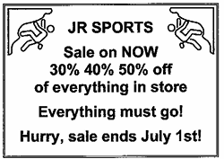 Werbeplakat: JR SPORTS Sale – 30/40/50% Rabatt auf alles im Laden, Aktion endet 1. Juli
